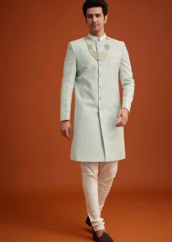 Pista Green Silk Sherwani Set With Bead Work