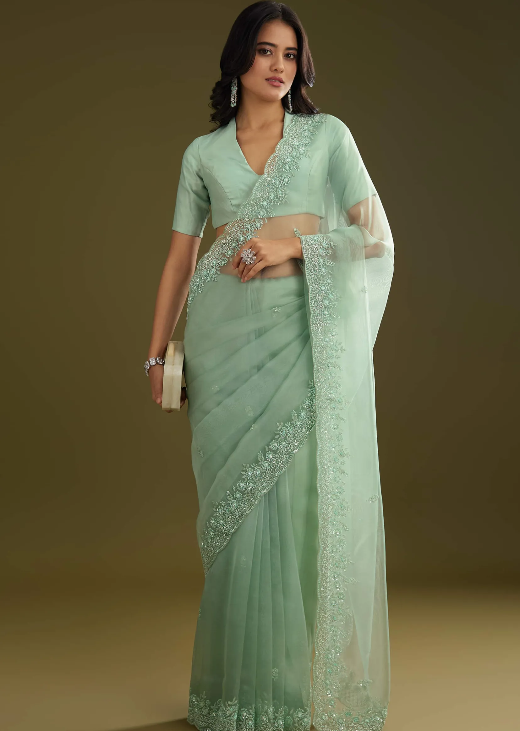 Pista Green Tissue Saree With Embroidered Scallop Border