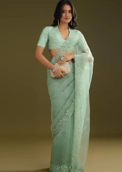 Pista Green Tissue Saree With Embroidered Scallop Border