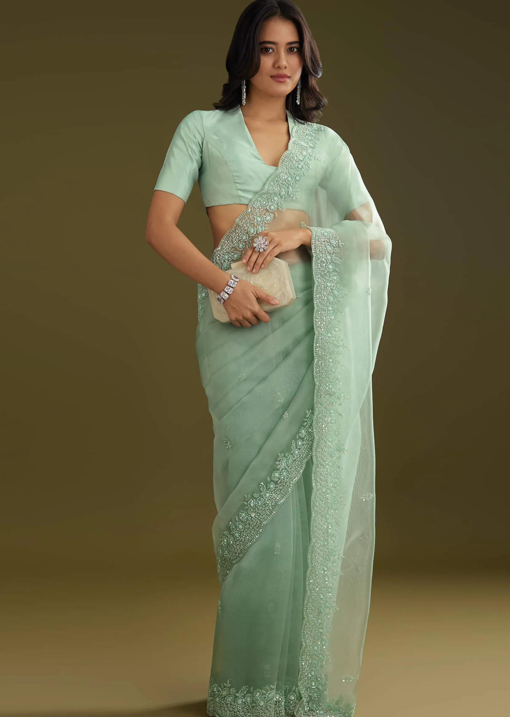 Pista Green Tissue Saree With Embroidered Scallop Border