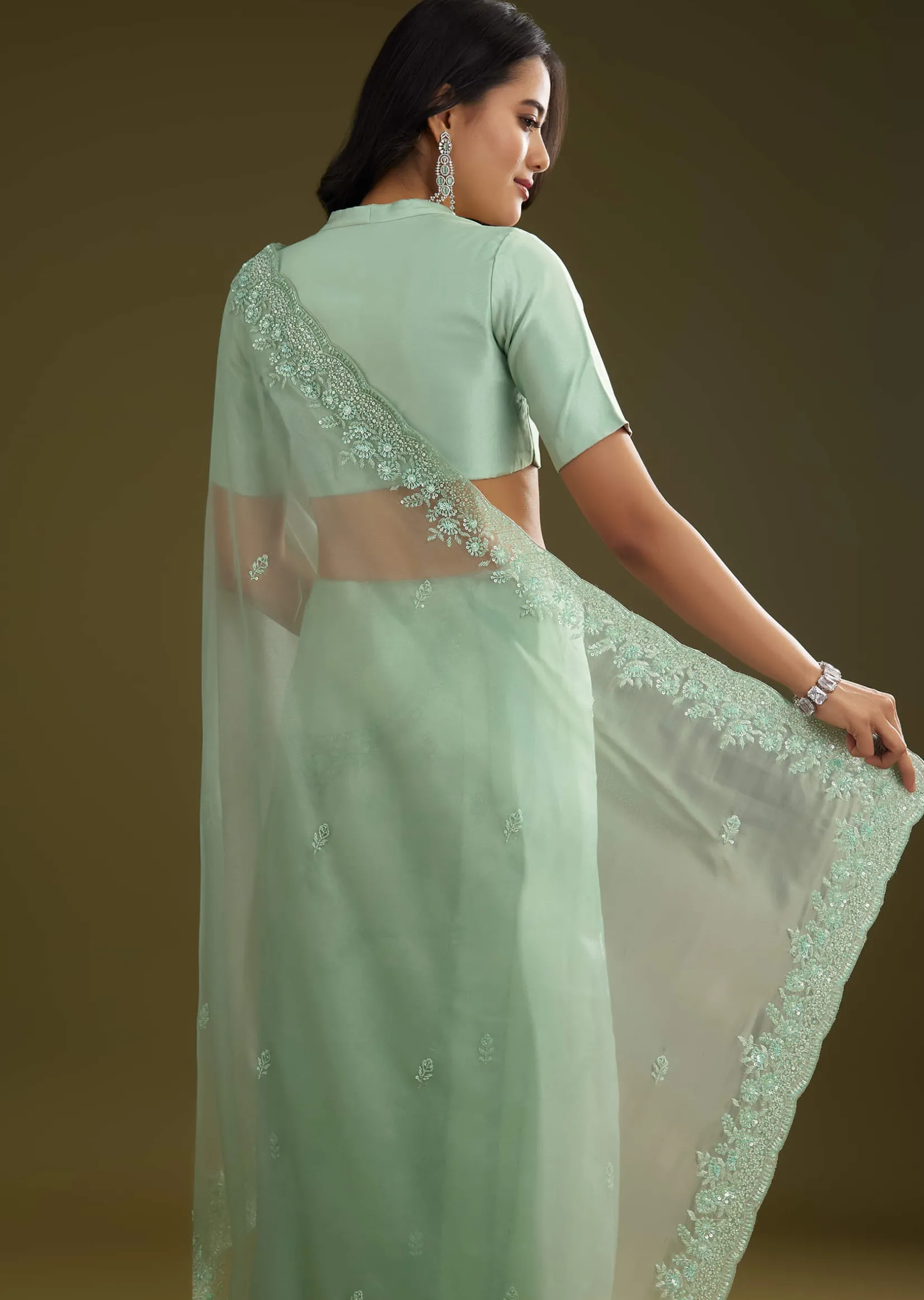 Pista Green Tissue Saree With Embroidered Scallop Border