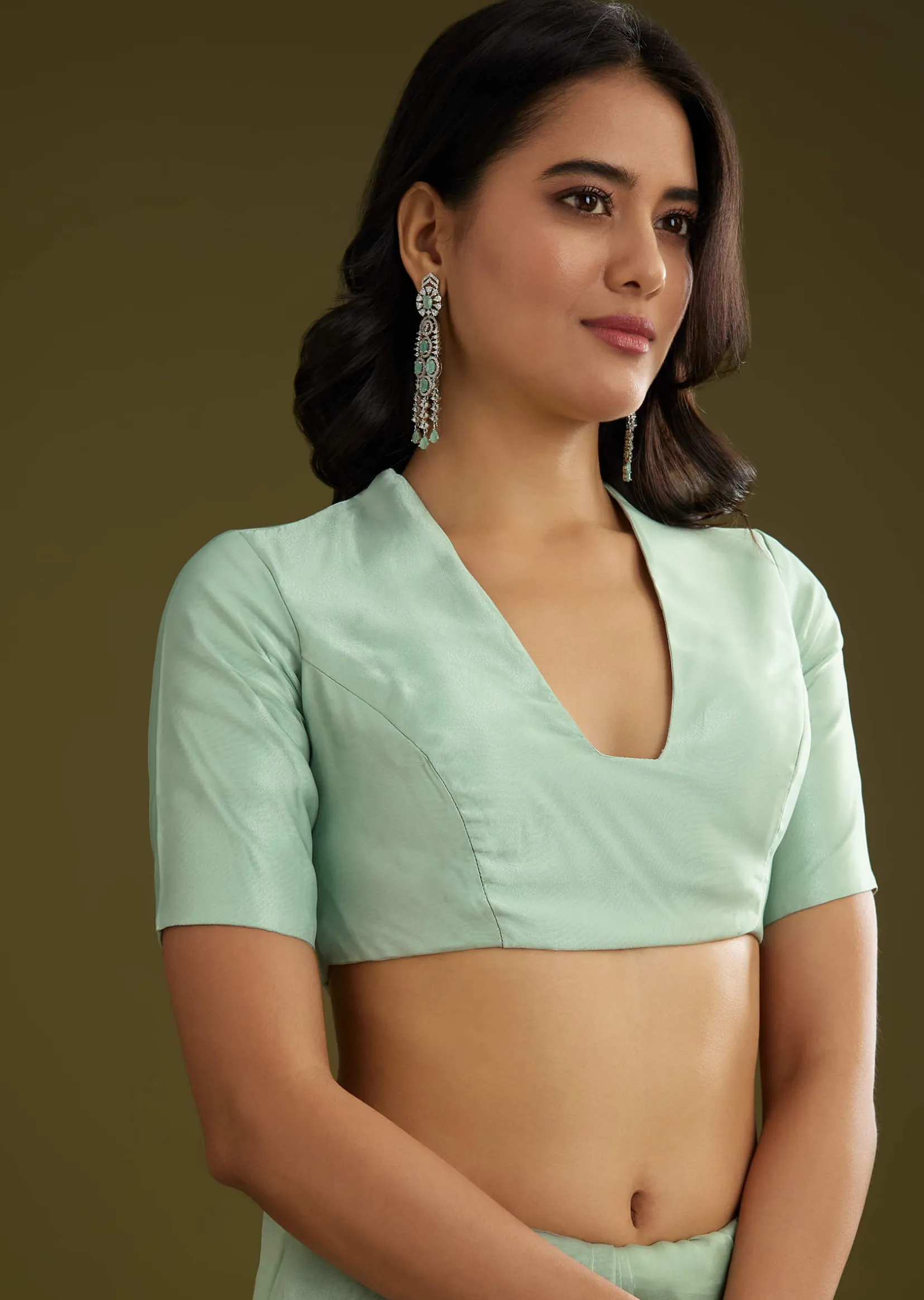 Pista Green Tissue Saree With Embroidered Scallop Border