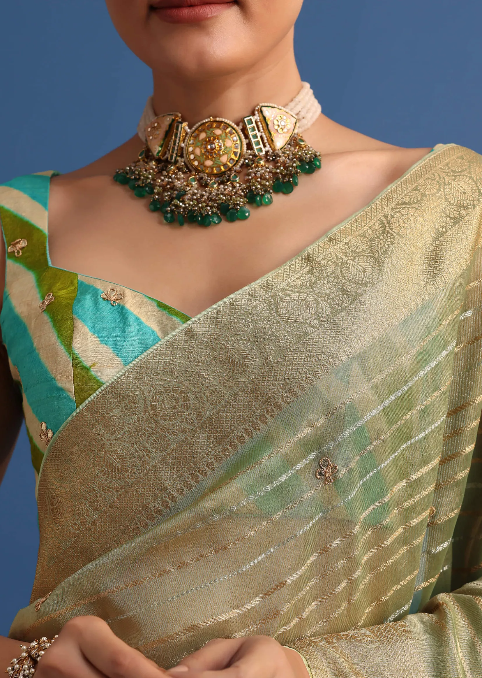 Pista Green Tissue Saree With Gota Patti And Zari Work And Lehriya Blouse