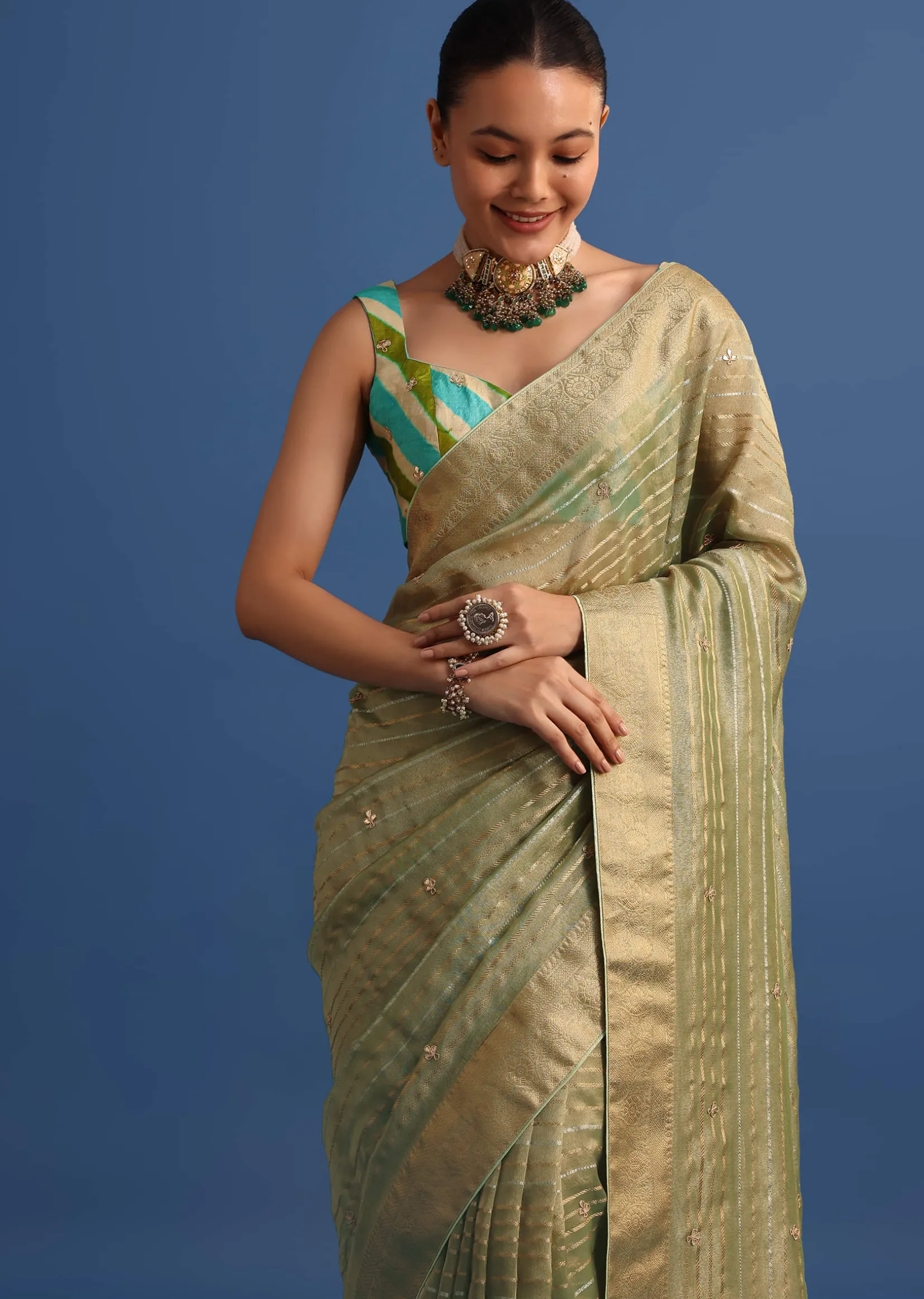 Pista Green Tissue Saree With Gota Patti And Zari Work And Lehriya Blouse
