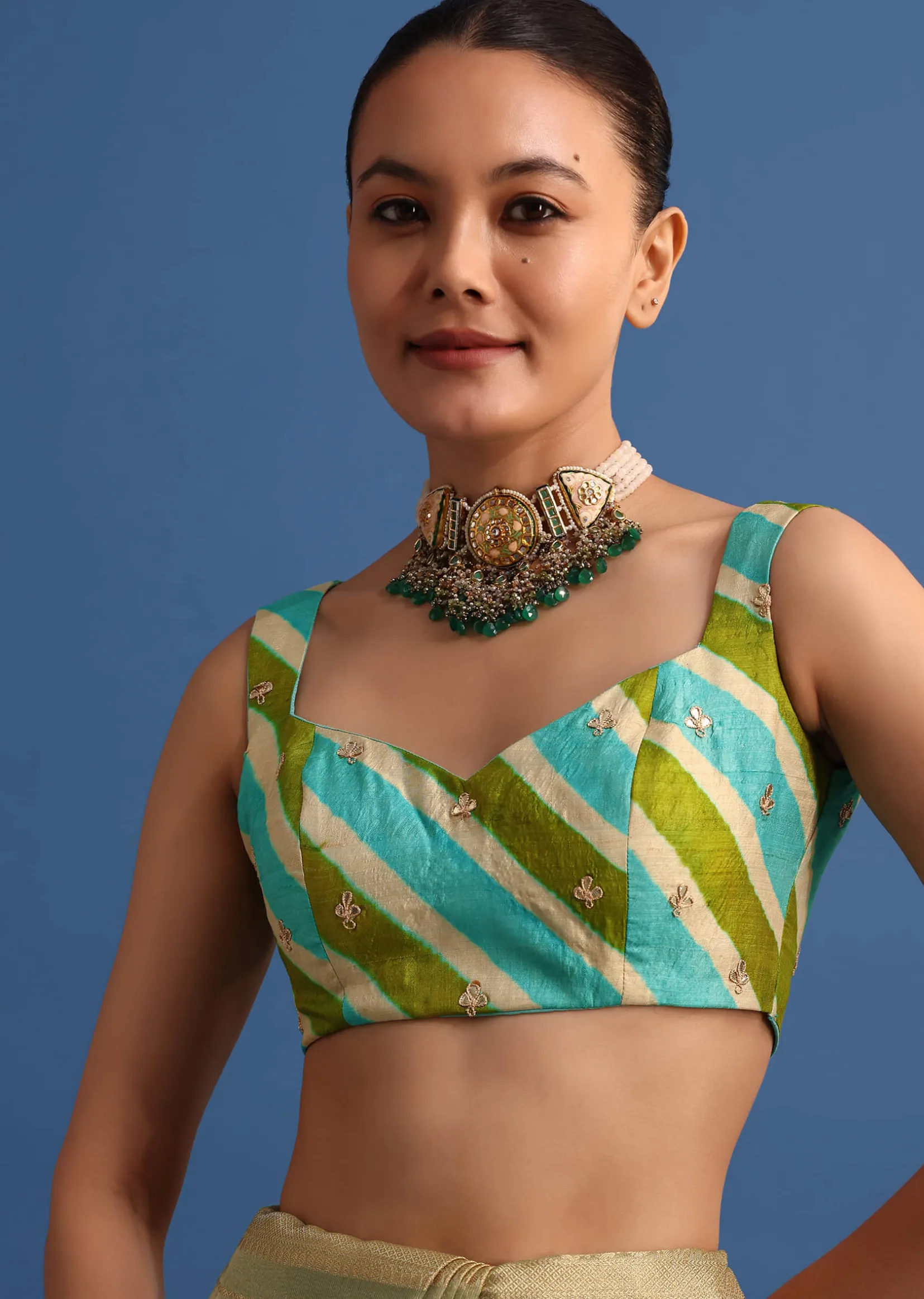 Pista Green Tissue Saree With Gota Patti And Zari Work And Lehriya Blouse