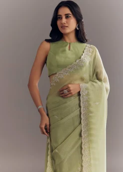 Pista Green Tissue Saree With Leaf Motif Embroidery In Sequins And Cutdana