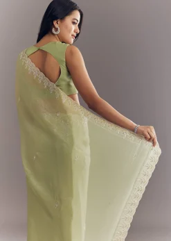 Pista Green Tissue Saree With Leaf Motif Embroidery In Sequins And Cutdana
