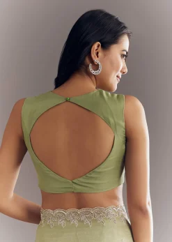 Pista Green Tissue Saree With Leaf Motif Embroidery In Sequins And Cutdana