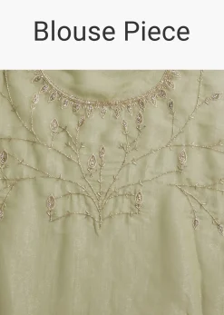 Pista Green Tissue Saree With Leaf Motif Embroidery In Sequins And Cutdana