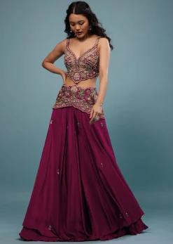 Plum Purple Embroidered Jumpsuit In Satin