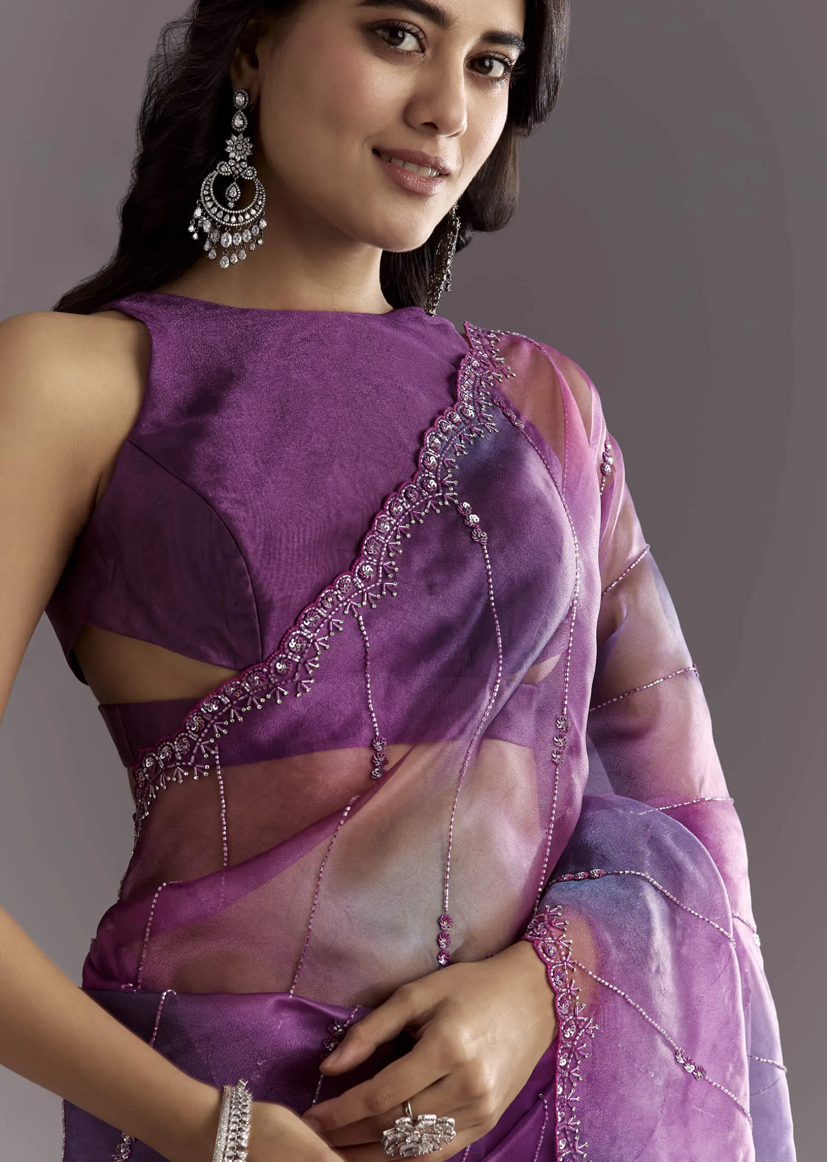 Plum Purple Shaded Organza Saree With Cutdana And Sequin Embroidery