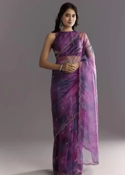 Plum Purple Shaded Organza Saree With Cutdana And Sequin Embroidery