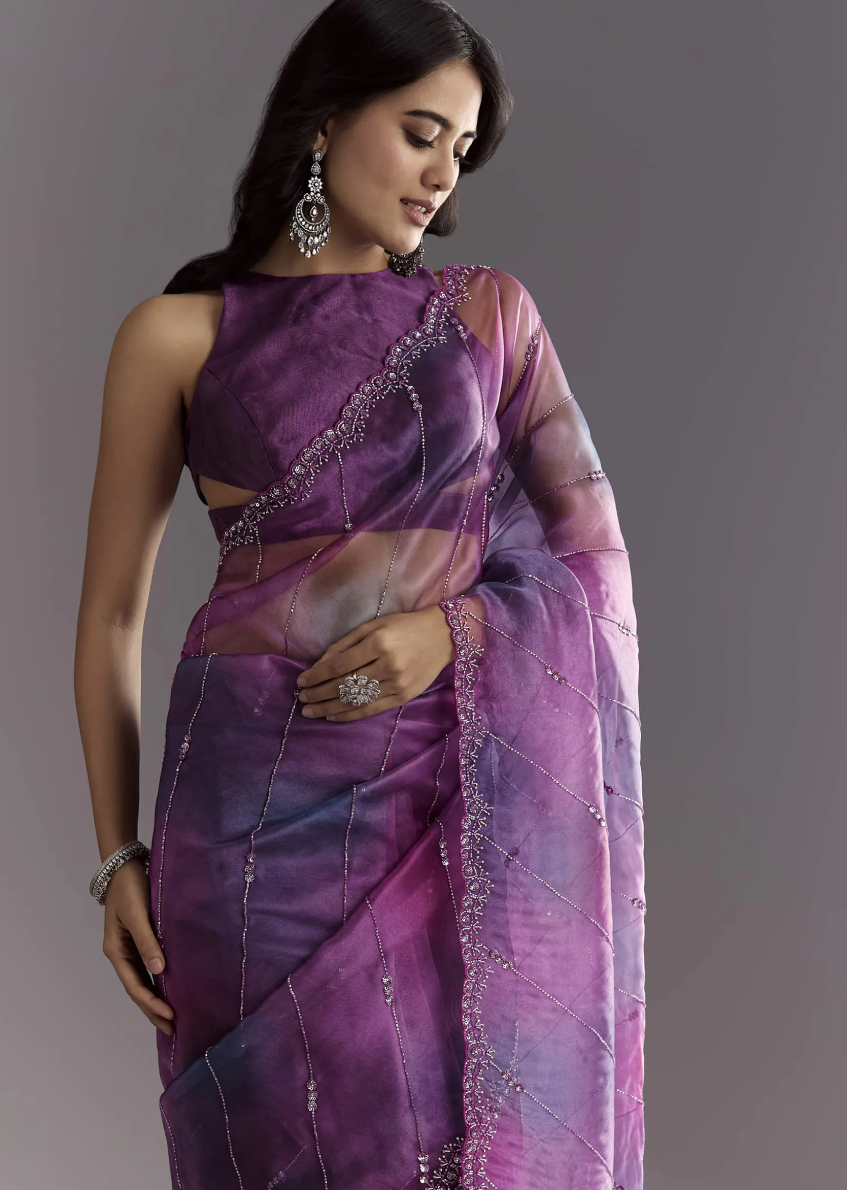 Plum Purple Shaded Organza Saree With Cutdana And Sequin Embroidery