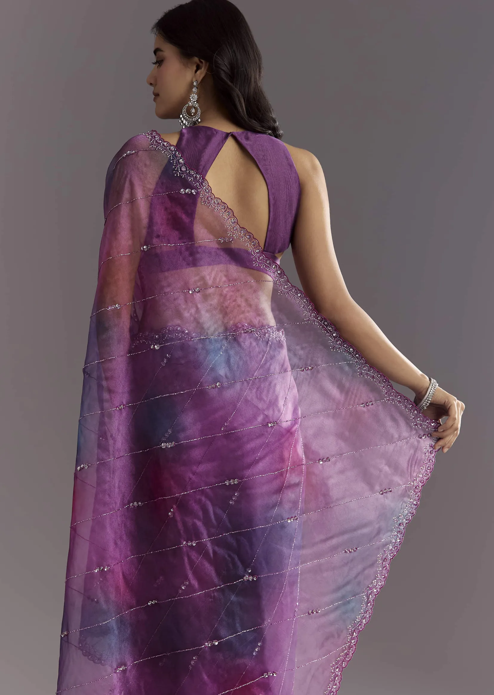 Plum Purple Shaded Organza Saree With Cutdana And Sequin Embroidery