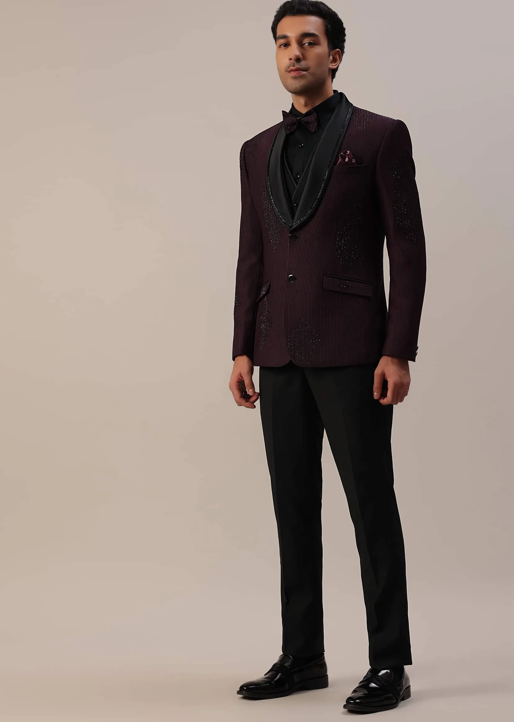 Plum Purple Stone Studded Tuxedo Set In Polyester