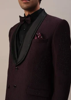 Plum Purple Stone Studded Tuxedo Set In Polyester