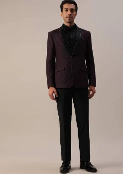 Plum Purple Stone Studded Tuxedo Set In Polyester