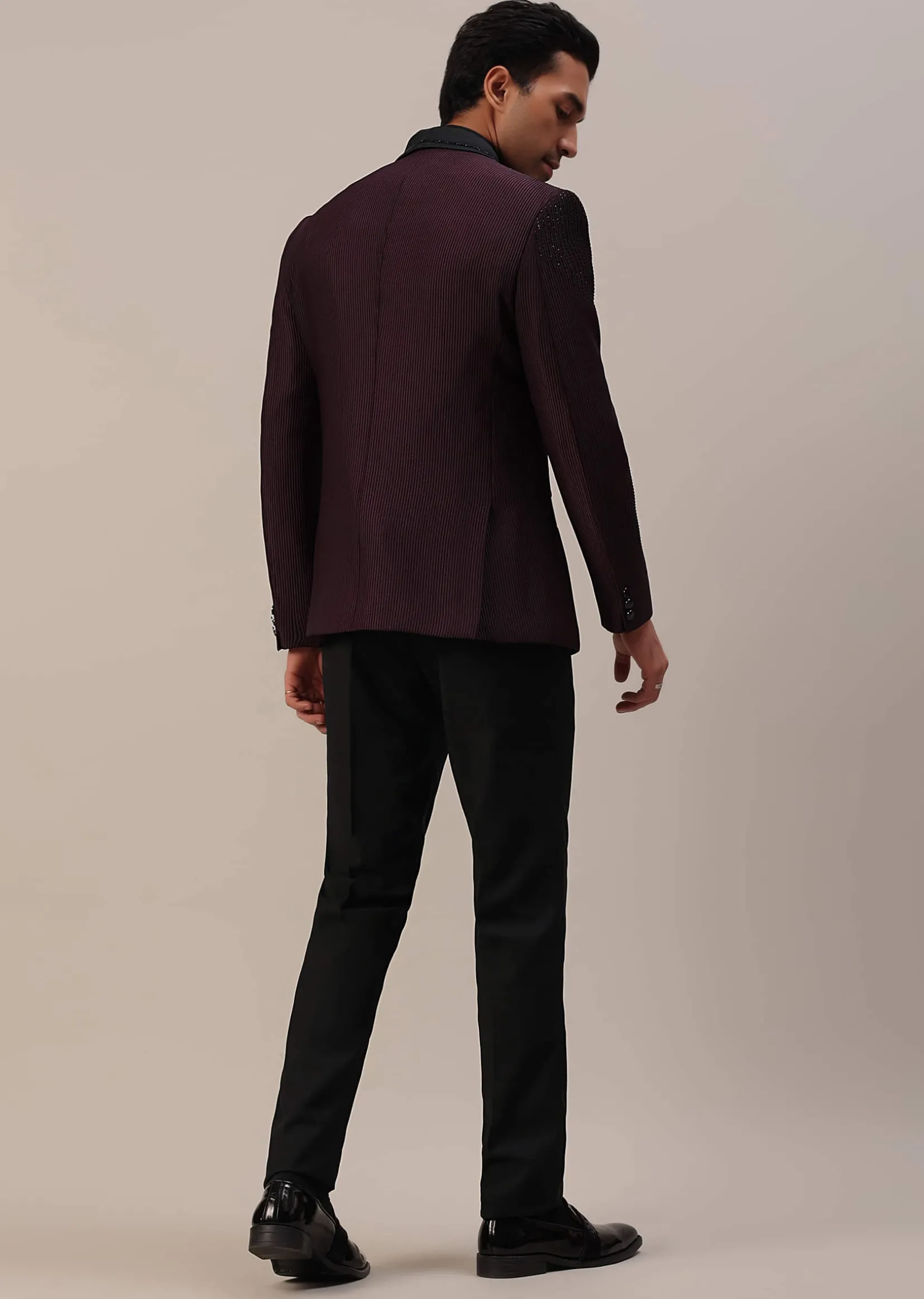 Plum Purple Stone Studded Tuxedo Set In Polyester