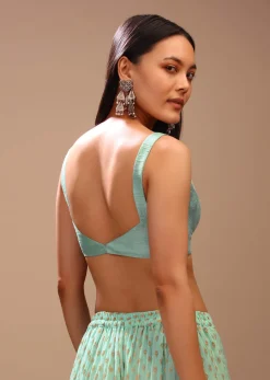 Pool Blue Sleeveless Blouse In Raw Silk With Plunging Sweetheart Neckline And Curved Hem