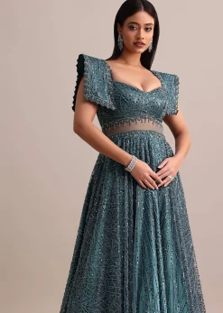 Poseidon Teal Circular Flared Gown With Fancy Sleeves