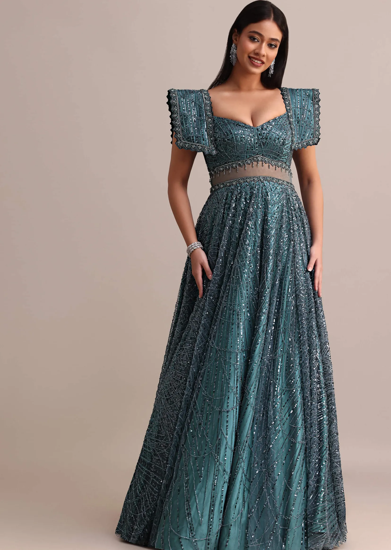 Poseidon Teal Circular Flared Gown With Fancy Sleeves