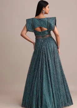 Poseidon Teal Circular Flared Gown With Fancy Sleeves
