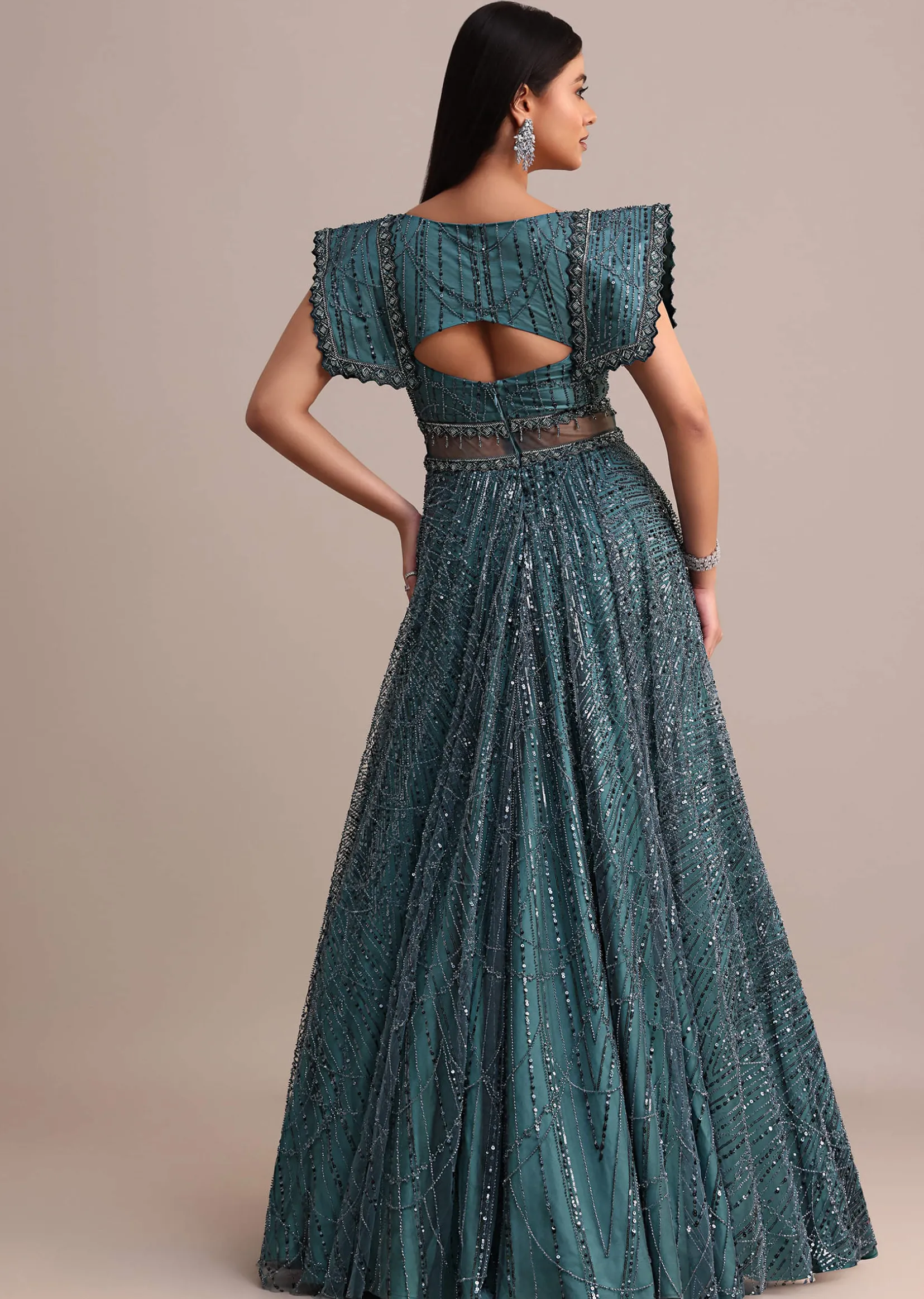 Poseidon Teal Circular Flared Gown With Fancy Sleeves