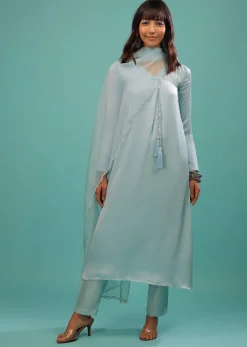 Powder Blue Bemberg Silk Kurti Suit With Dupatta And Silk Pants