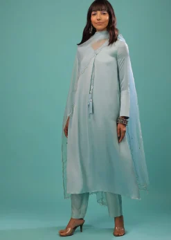 Powder Blue Bemberg Silk Kurti Suit With Dupatta And Silk Pants