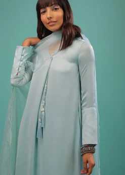Powder Blue Bemberg Silk Kurti Suit With Dupatta And Silk Pants