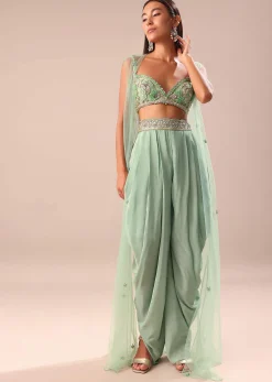 Powder Blue Dhoti And Jacket With Embroidered Blouse