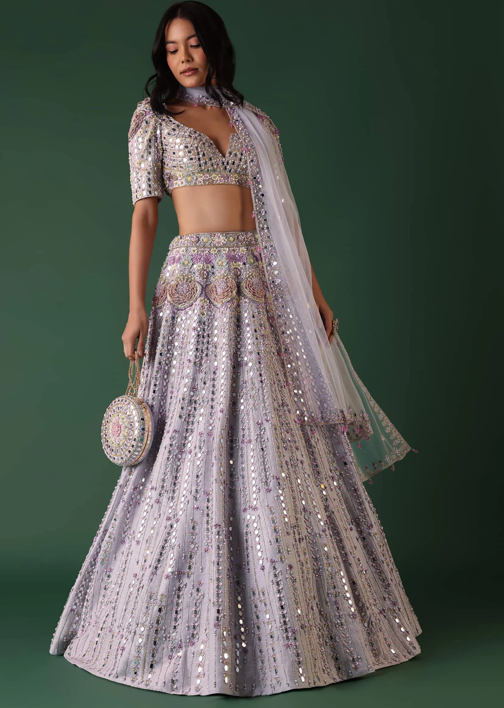 Powder Blue Embroidered Bridal Lehenga Set In Raw Silk