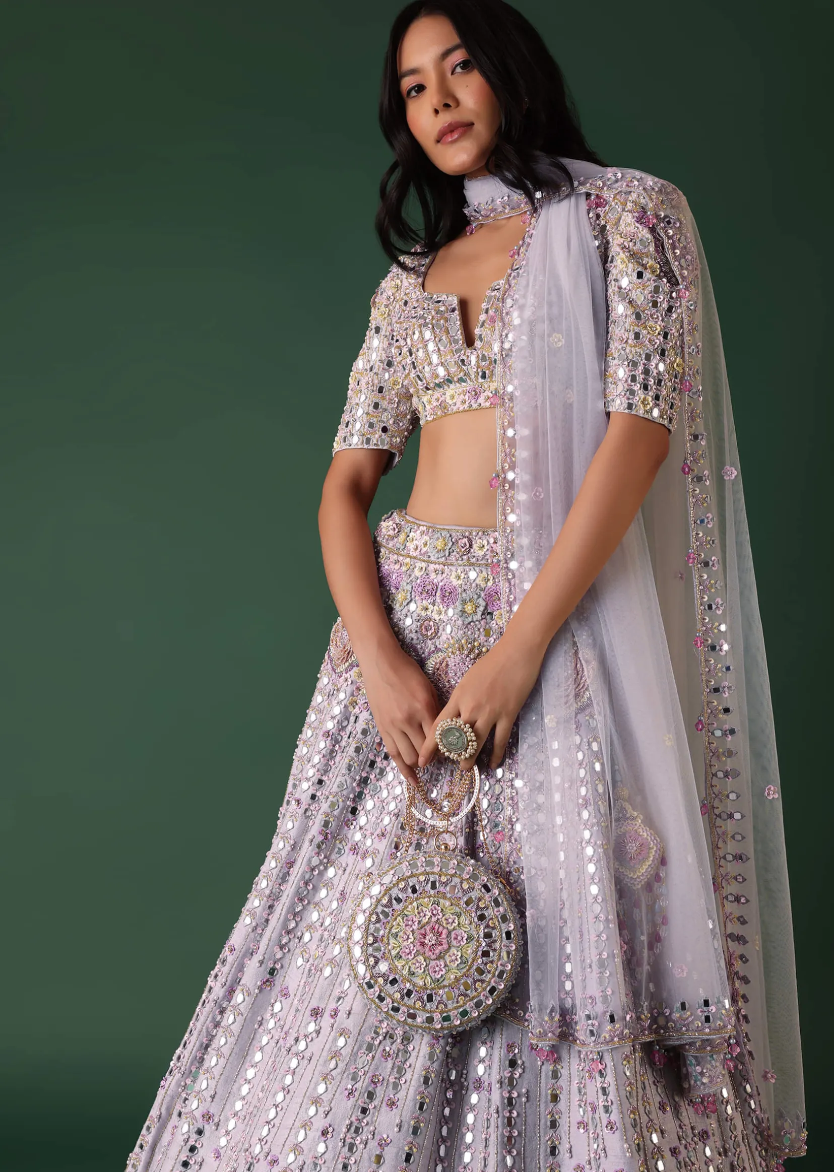 Powder Blue Embroidered Bridal Lehenga Set In Raw Silk