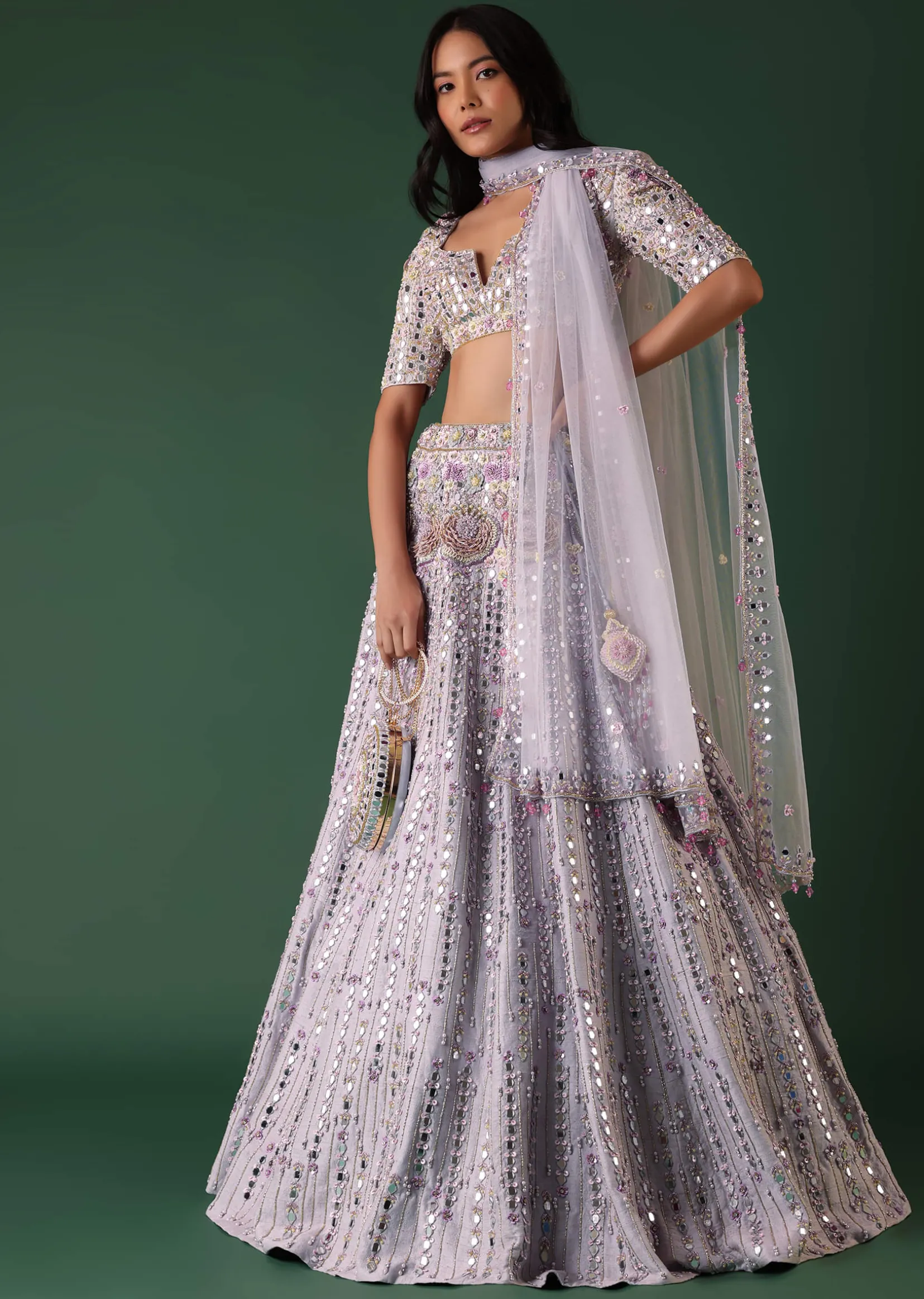Powder Blue Embroidered Bridal Lehenga Set In Raw Silk