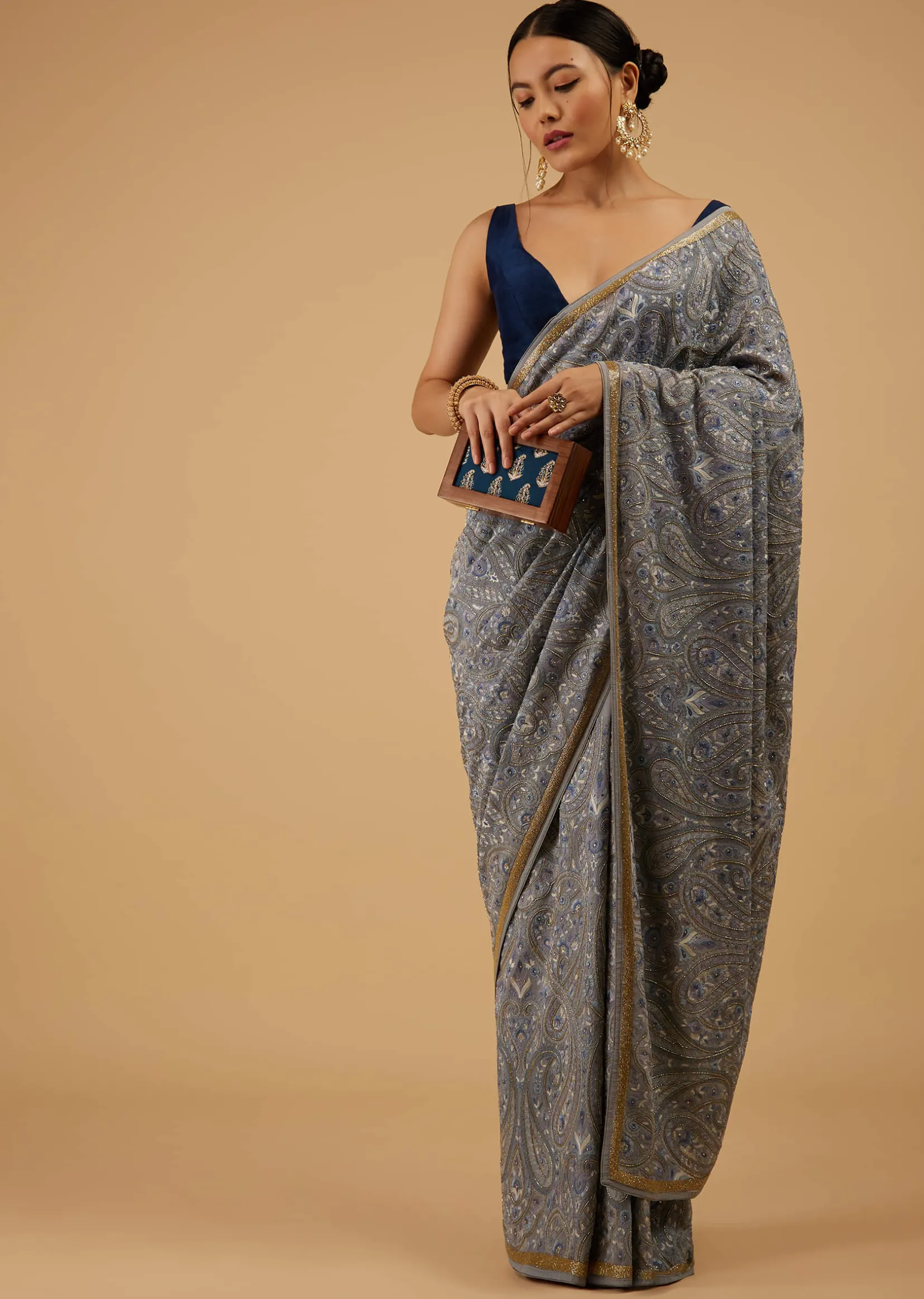Powder Blue Festive Saree Kashmiri Embroidered In Georgette