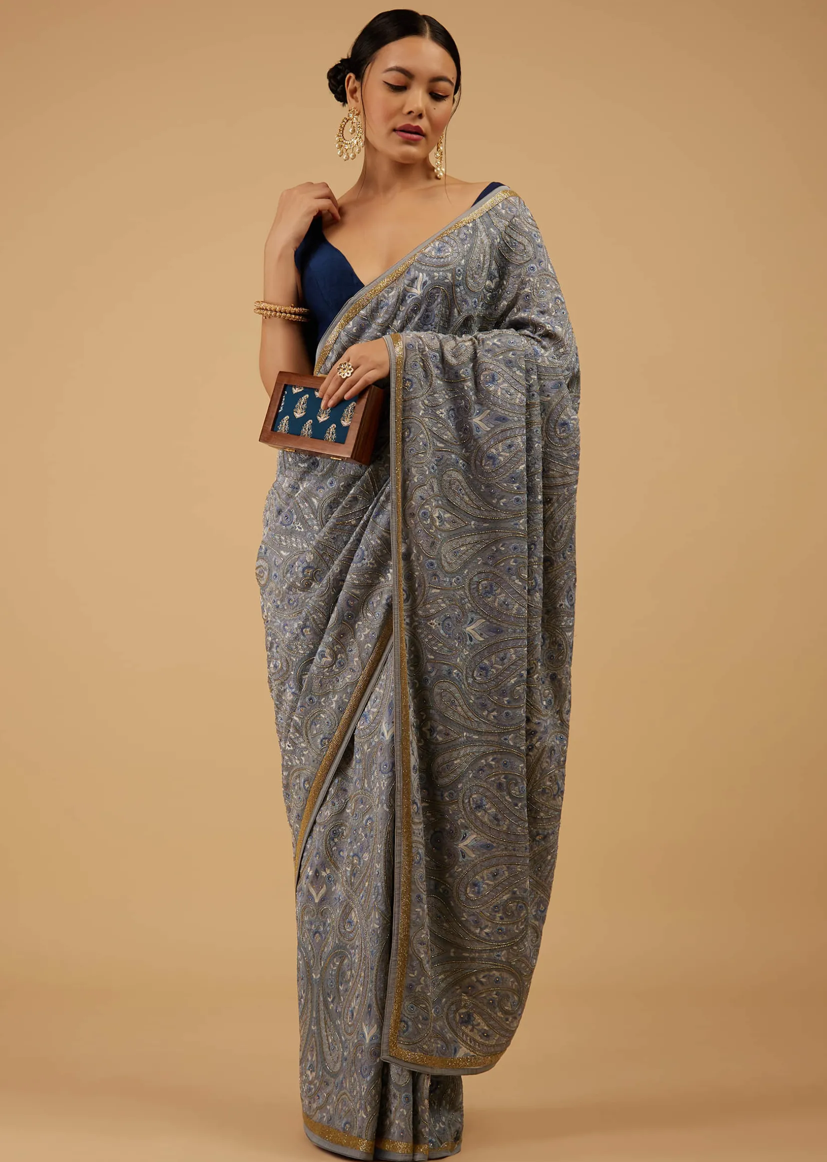Powder Blue Festive Saree Kashmiri Embroidered In Georgette