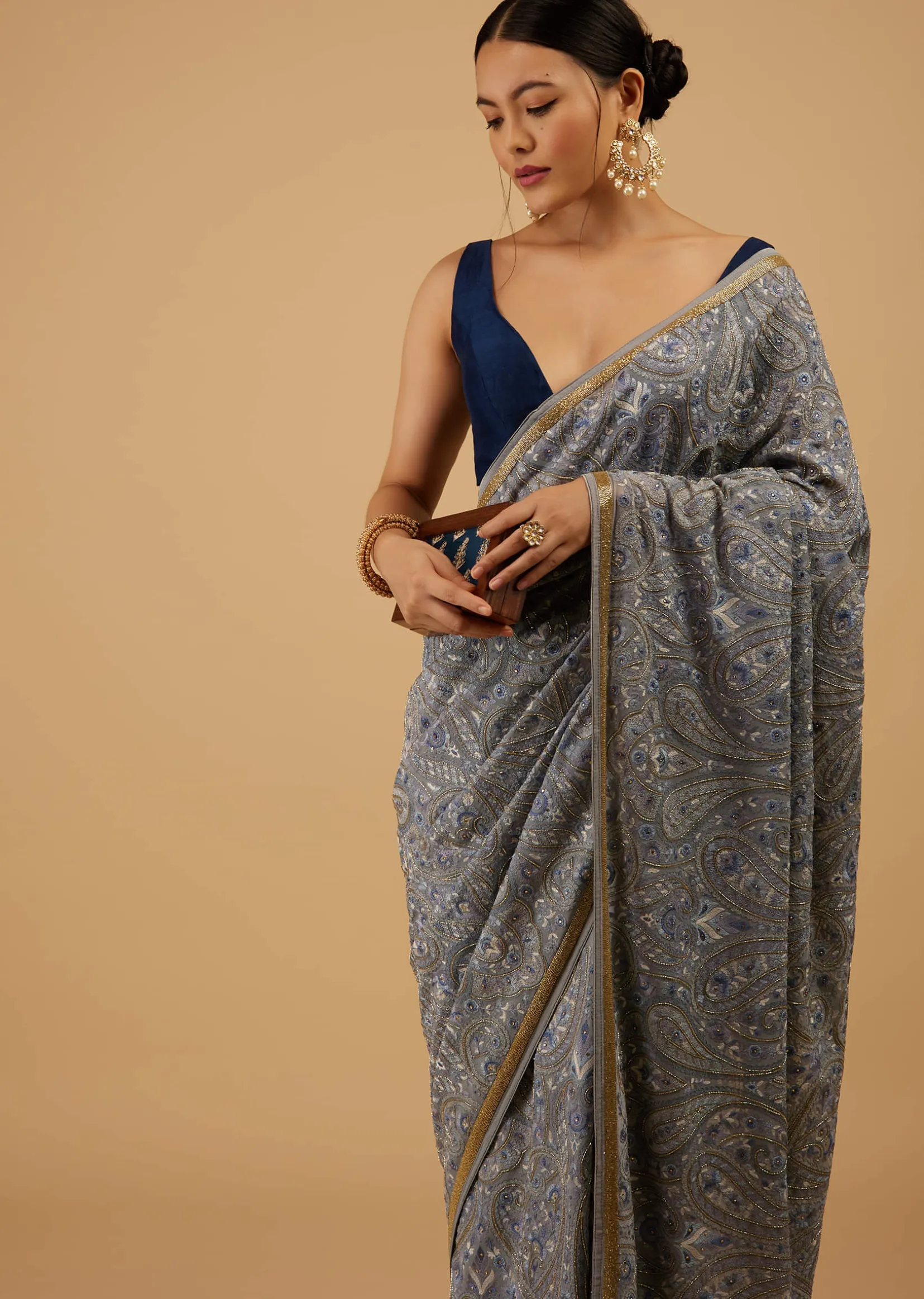 Powder Blue Festive Saree Kashmiri Embroidered In Georgette
