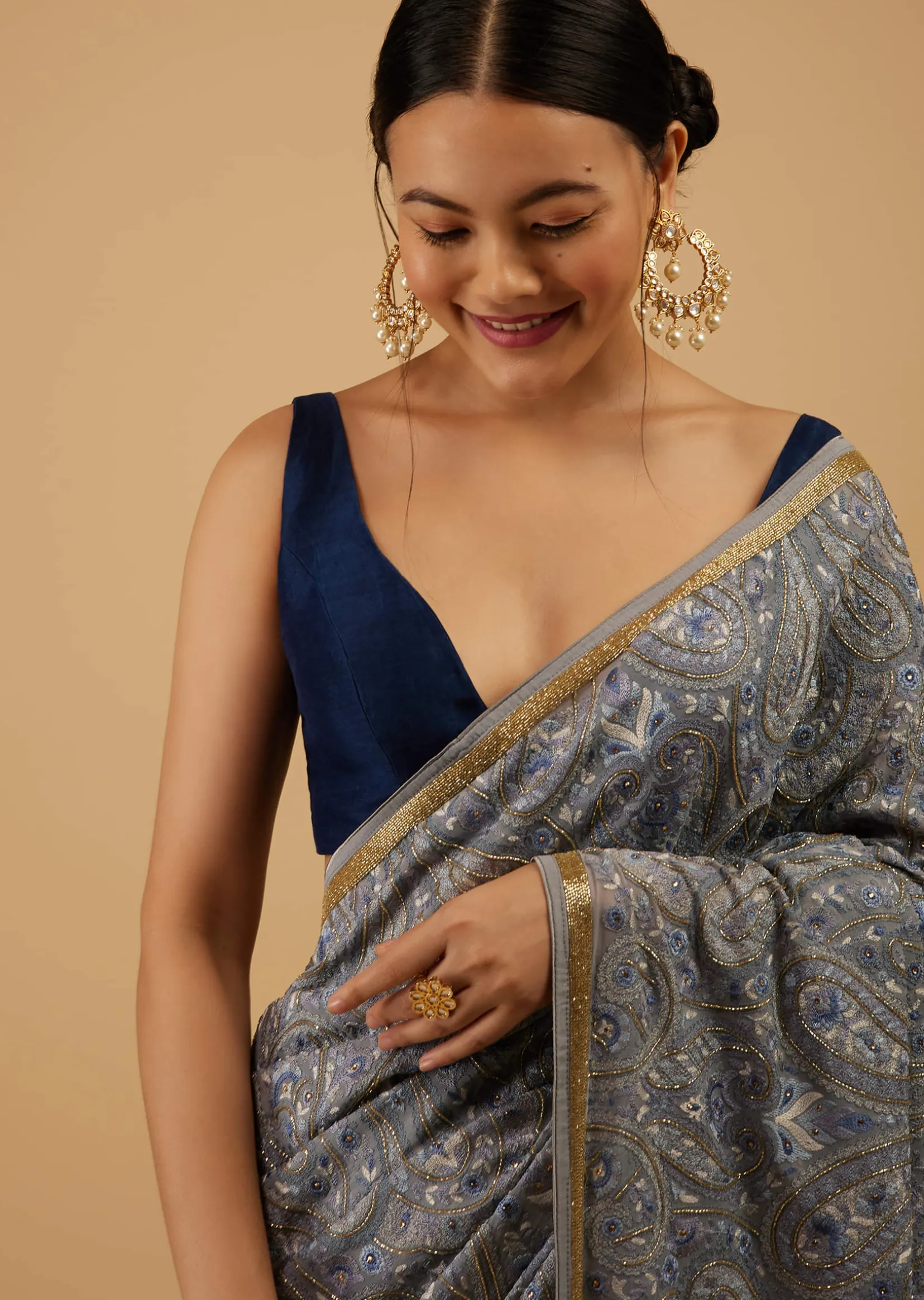 Powder Blue Festive Saree Kashmiri Embroidered In Georgette