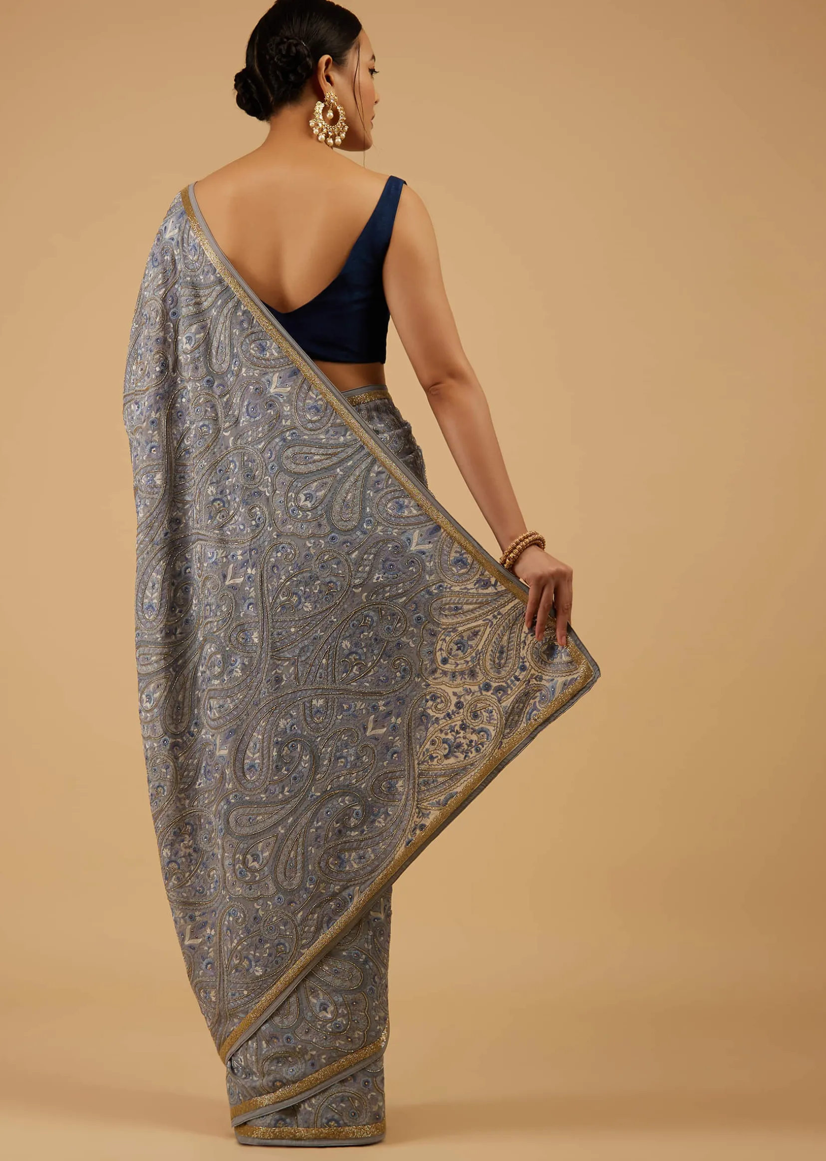Powder Blue Festive Saree Kashmiri Embroidered In Georgette