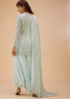 Powder Blue Palazzo Suit Set In Sequin