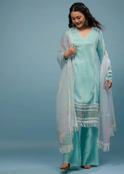 Powder Blue Palazzo Suit Set In Viscose Silk