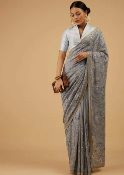 Powder Blue Saree Kashmiri Embroidered In Georgette