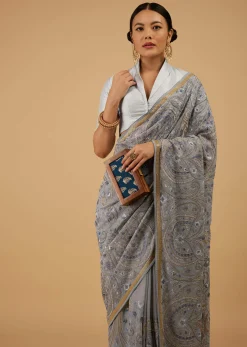 Powder Blue Saree Kashmiri Embroidered In Georgette