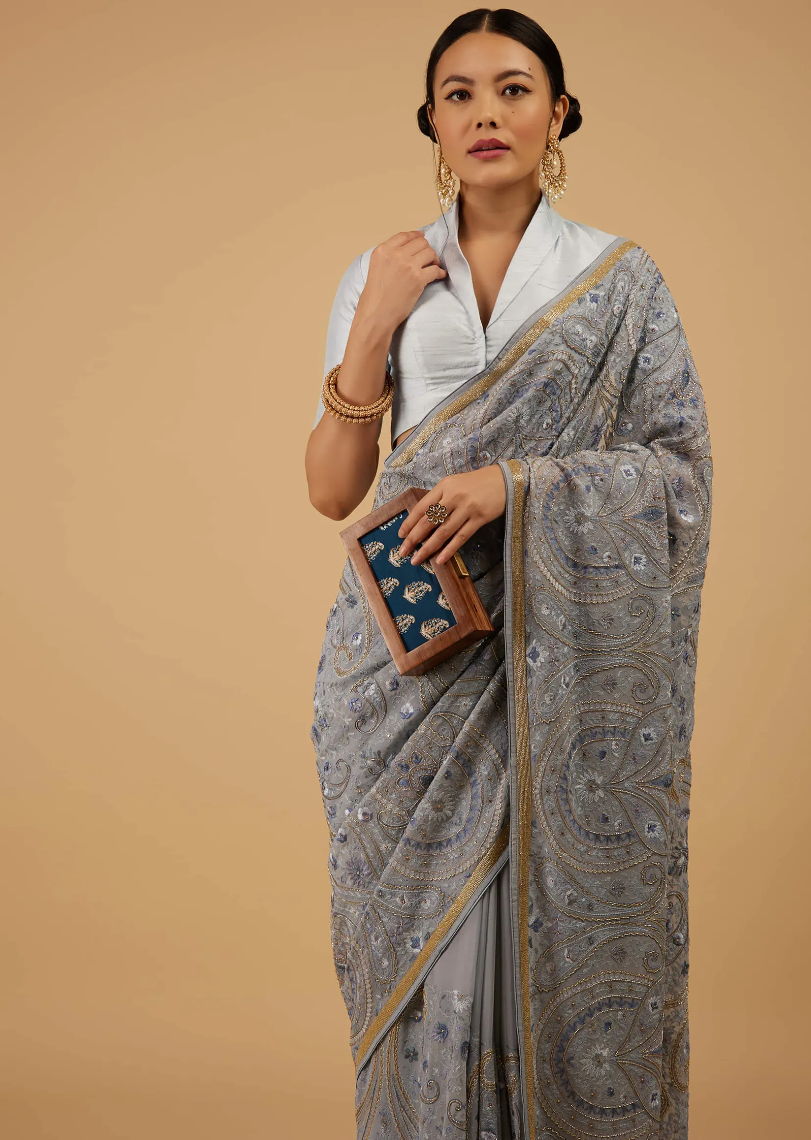 Powder Blue Saree Kashmiri Embroidered In Georgette