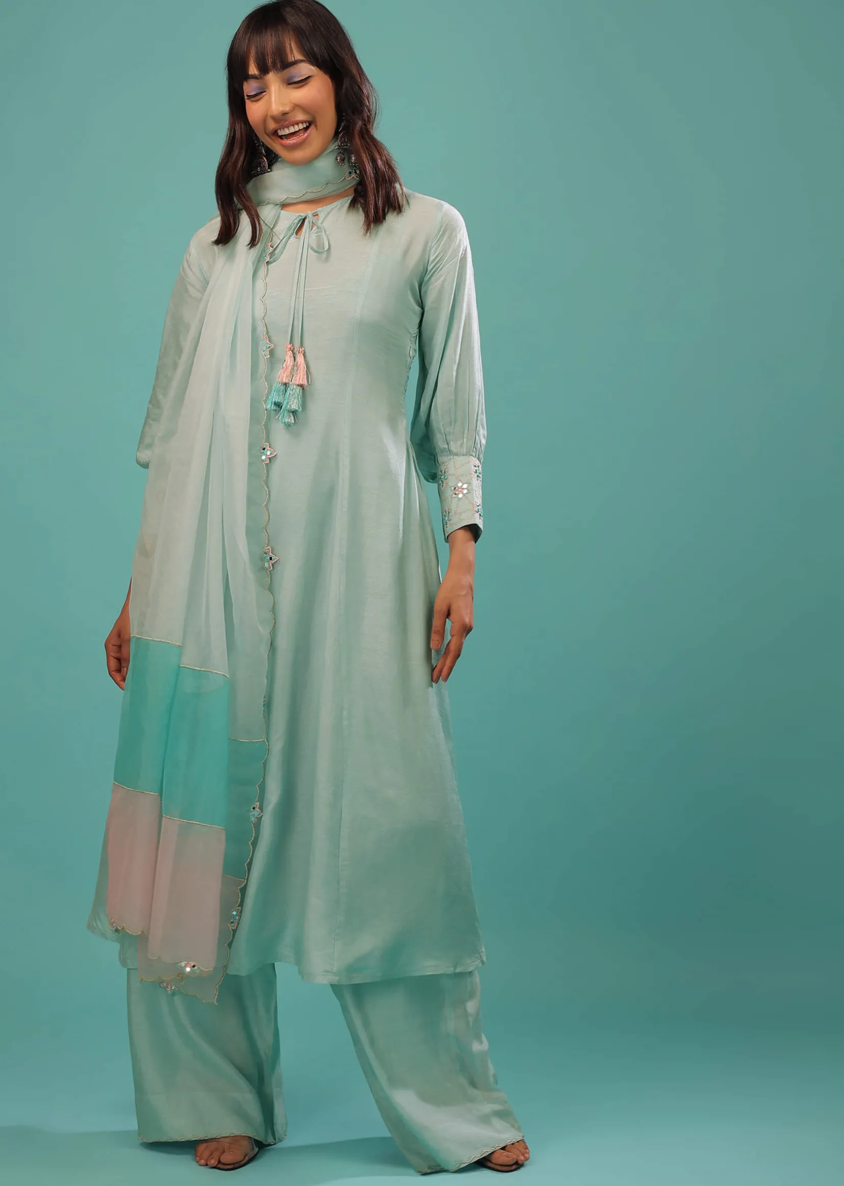 Powder Blue Silk A Line Palazzo Suit With Mirror Work