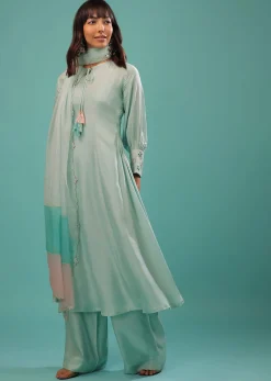 Powder Blue Silk A Line Palazzo Suit With Mirror Work