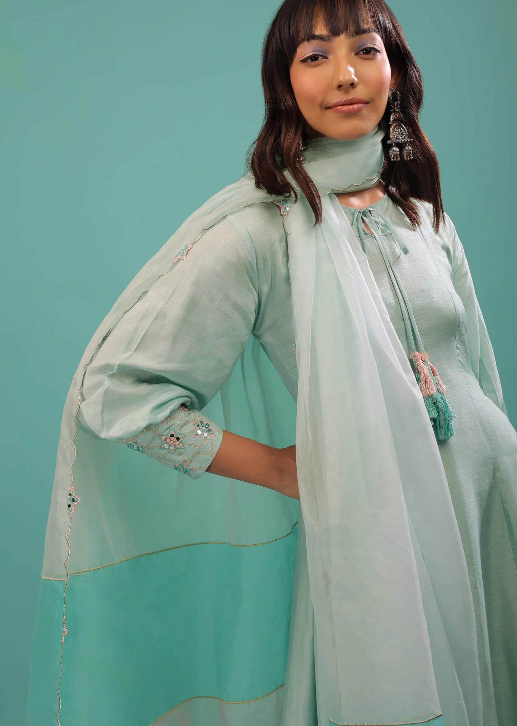 Powder Blue Silk A Line Palazzo Suit With Mirror Work