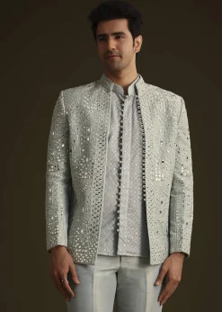 Powder Blue Silk Mirror Work Indo Jacket Set