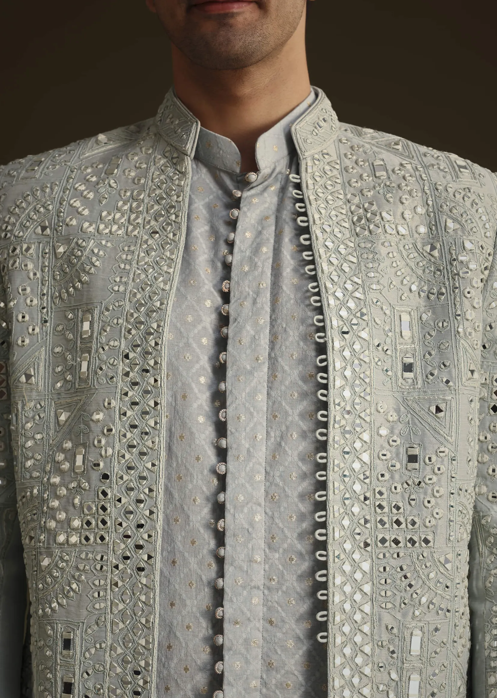 Powder Blue Silk Mirror Work Indo Jacket Set
