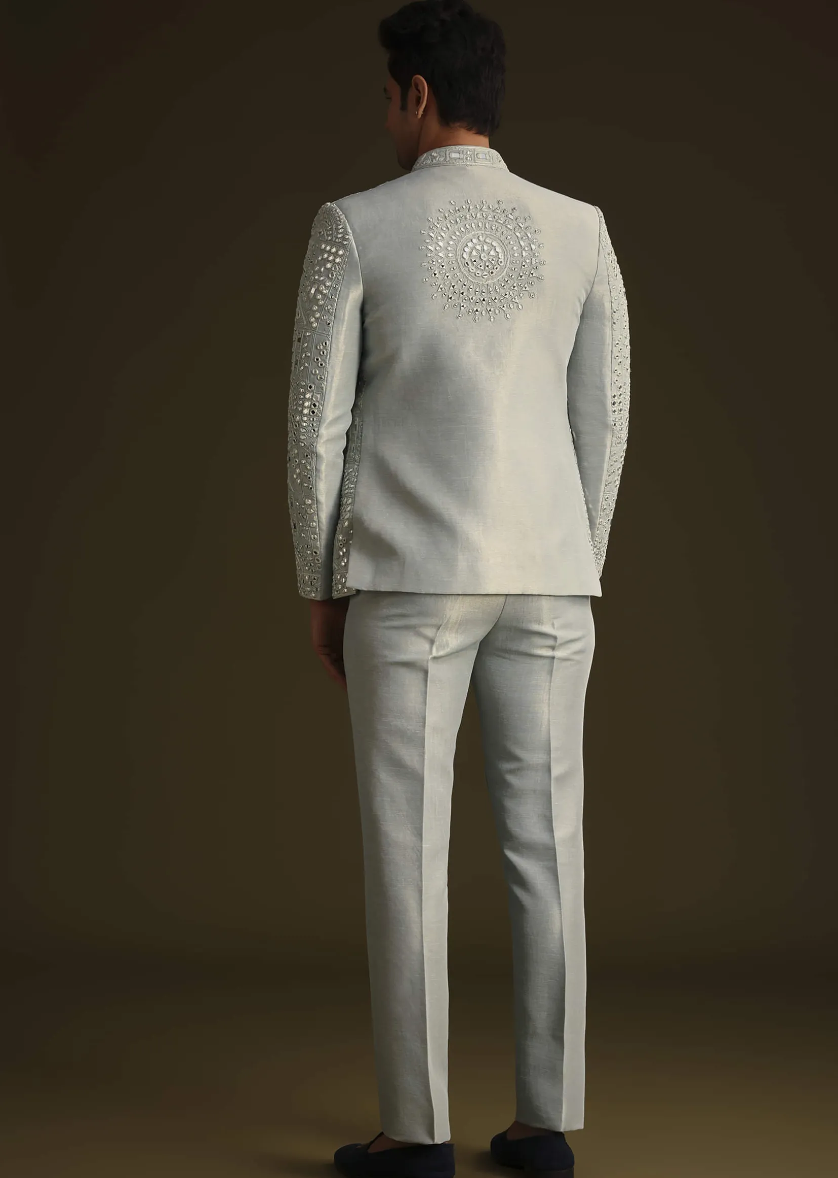 Powder Blue Silk Mirror Work Indo Jacket Set